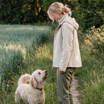 frau geht mit ihrem hund spazieren