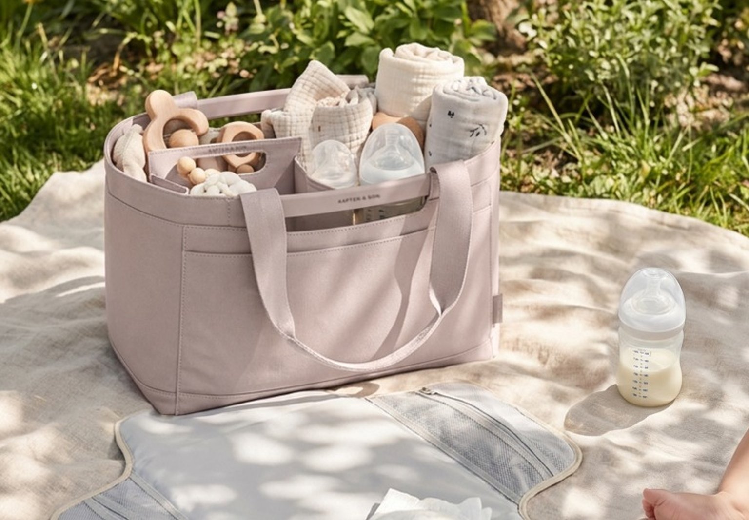rose wickelkorb auf einer picknickdecke im park