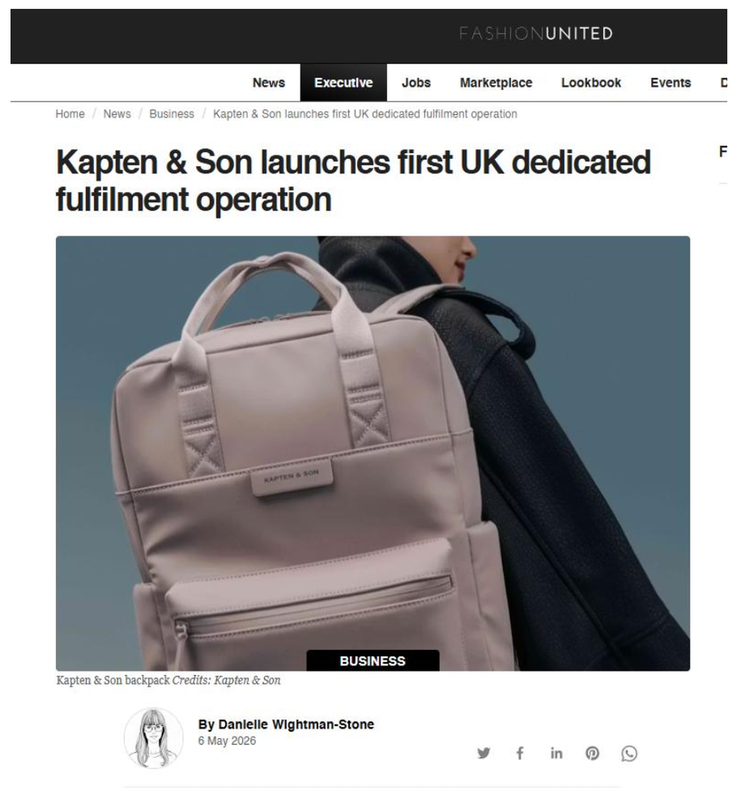 Kapten & Son backpack in pink worn by a person, featured in a FashionUnited article about Kapten & Son launching its first UK dedicated fulfilment operation