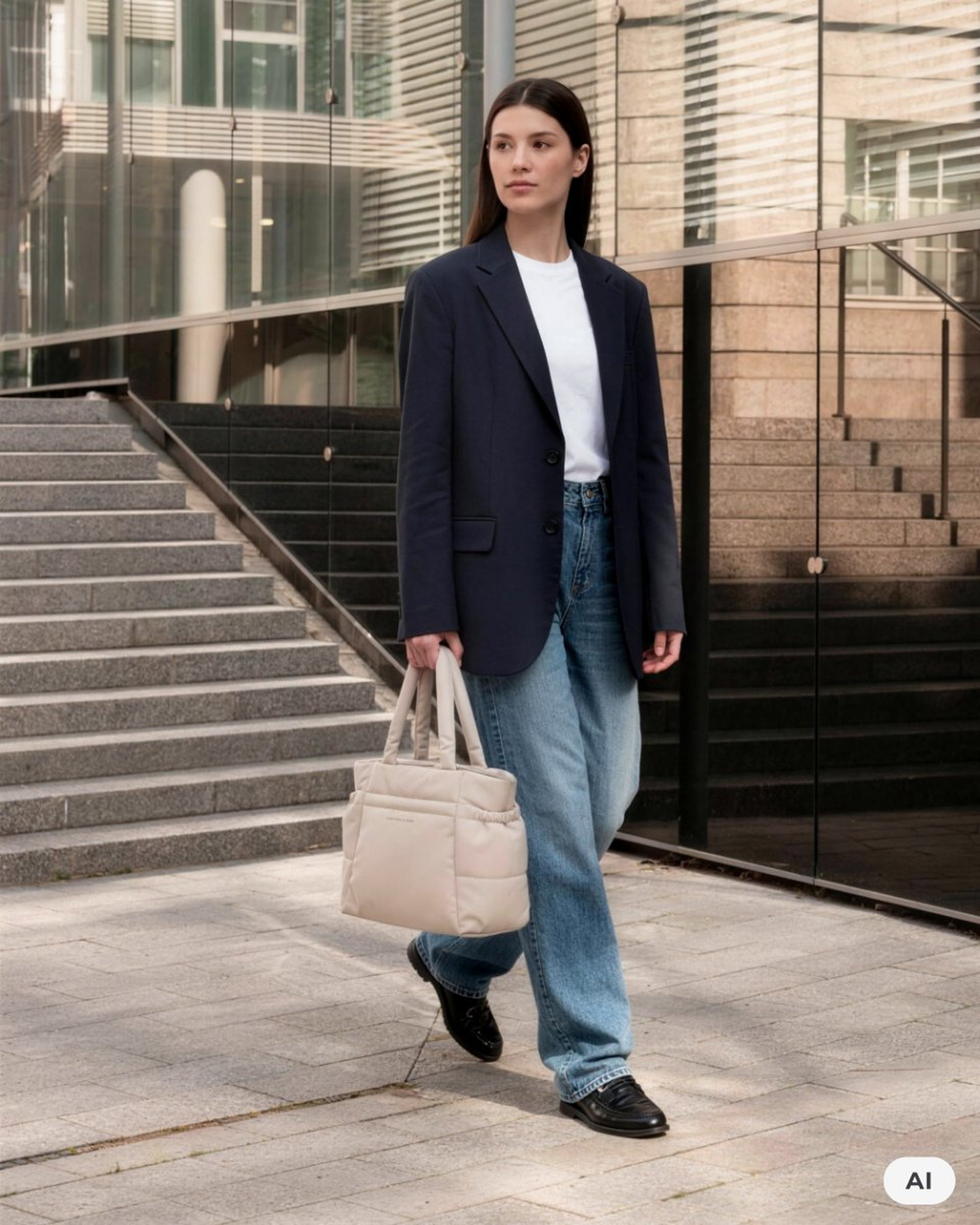 AI Generated: Eine Frau in Blazer und Jeans trägt eine beige gesteppte Kapten & Son Tote Bag und läuft vor einem modernen Glasgebäude.
