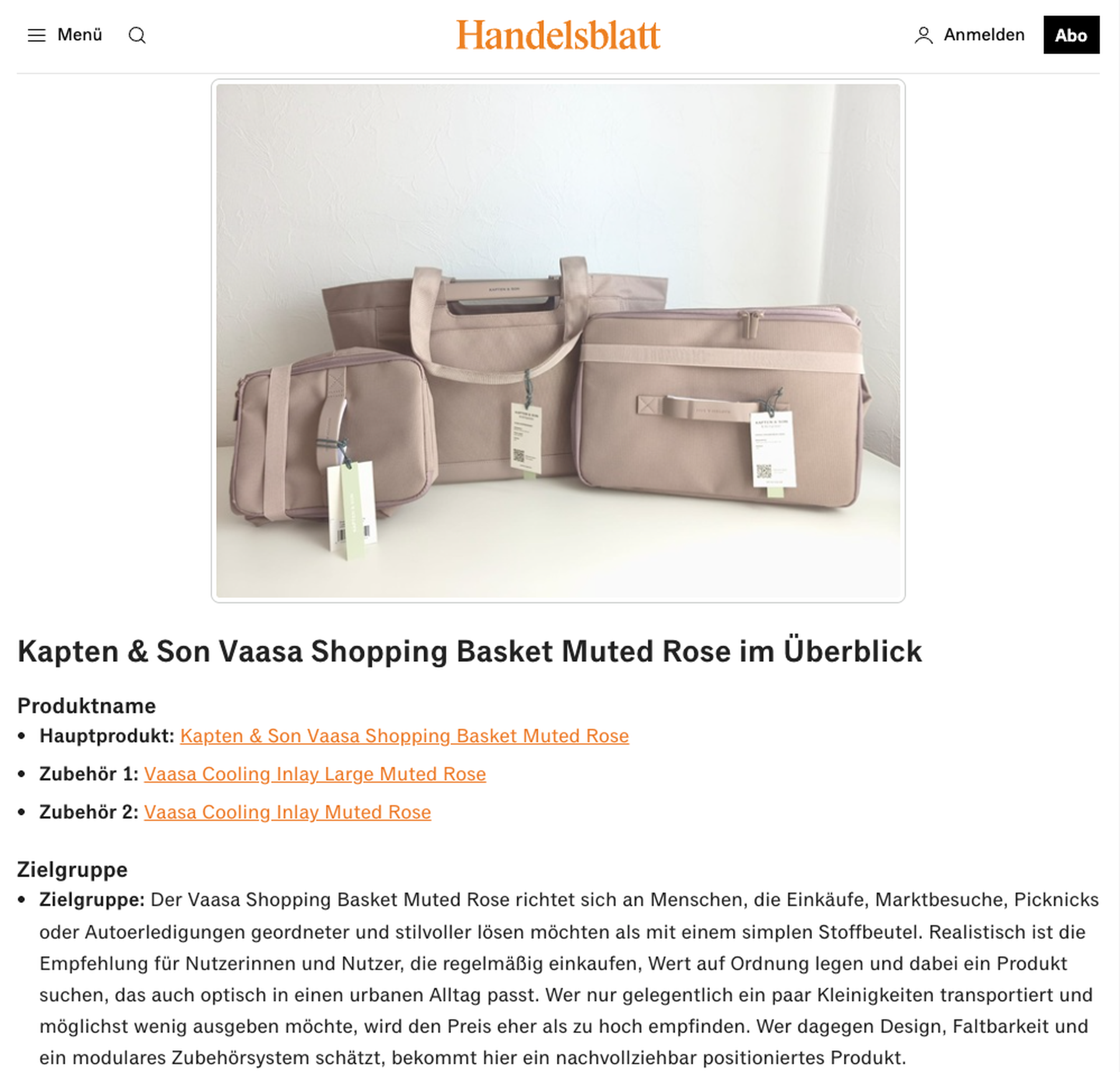 Kapten & Son Vaasa Shopping Basket Muted Rose mit passendem Zubehör – Vaasa Cooling Inlay Large und Vaasa Cooling Inlay – in einem Artikel auf Handelsblatt.com