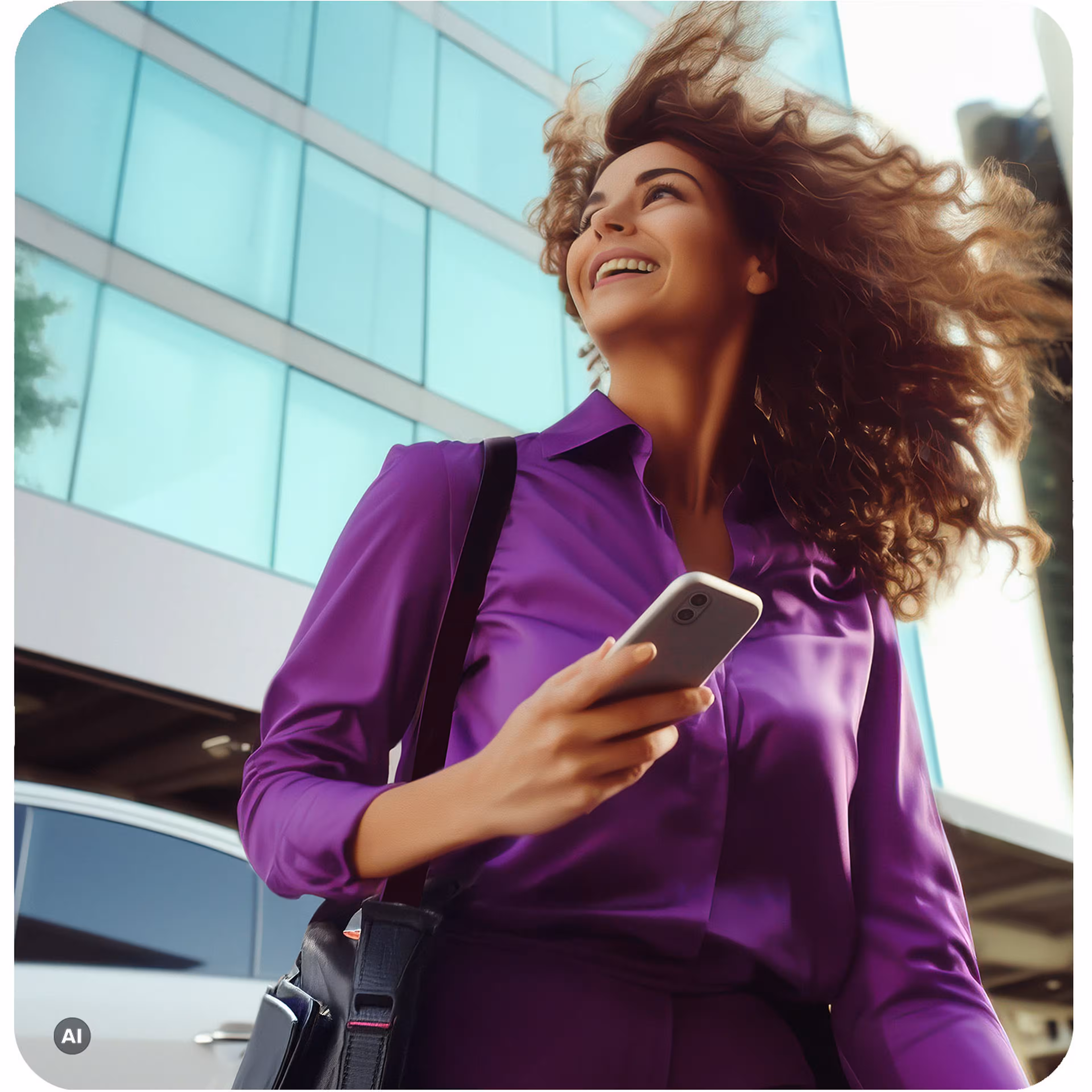 A woman in a purple blouse, smiling and holding a phone, walks confidently in front of a modern glass building.
