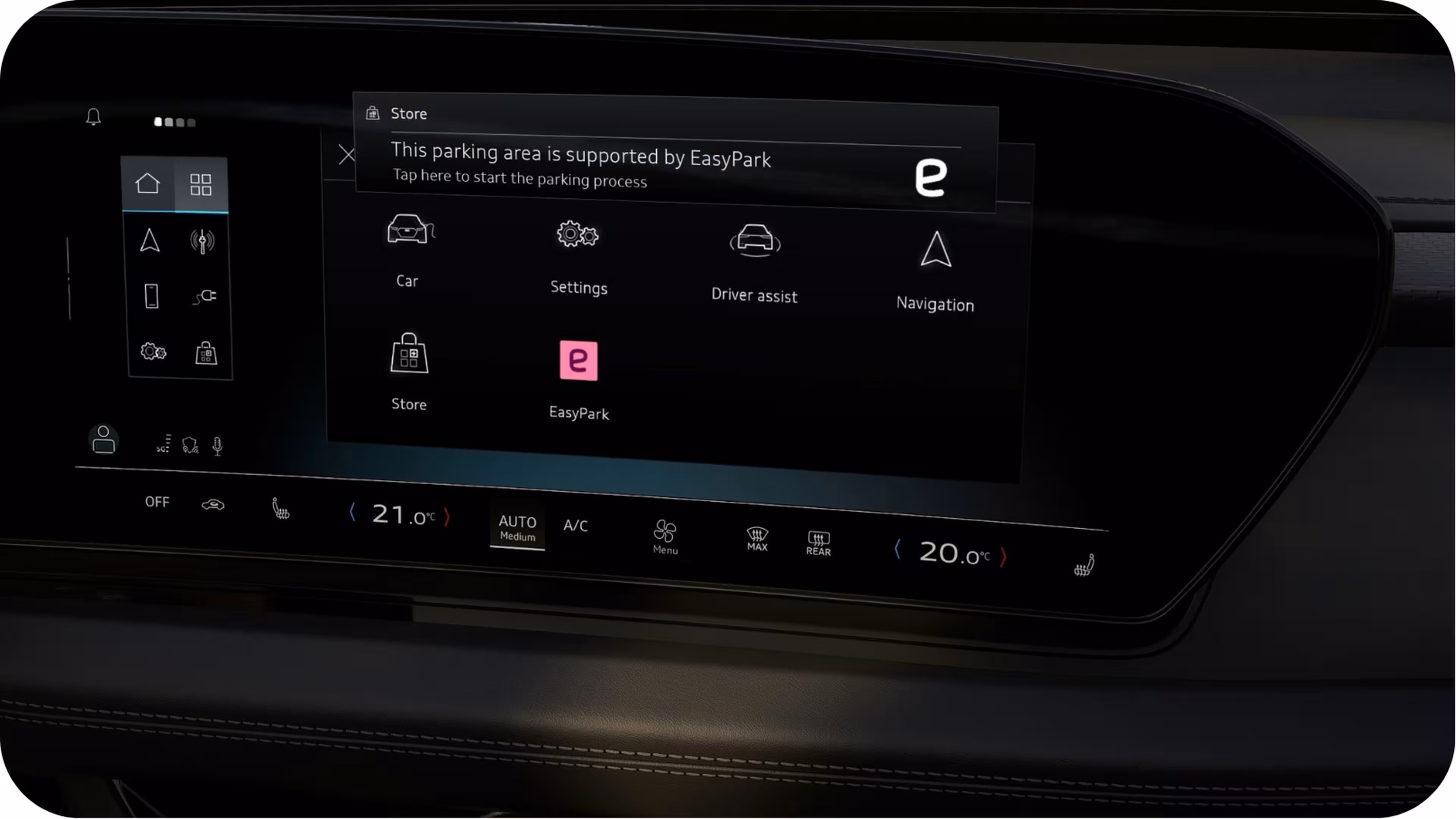 Car dashboard with a digital display showing options for car settings, driver assist, navigation, and EasyPark app.