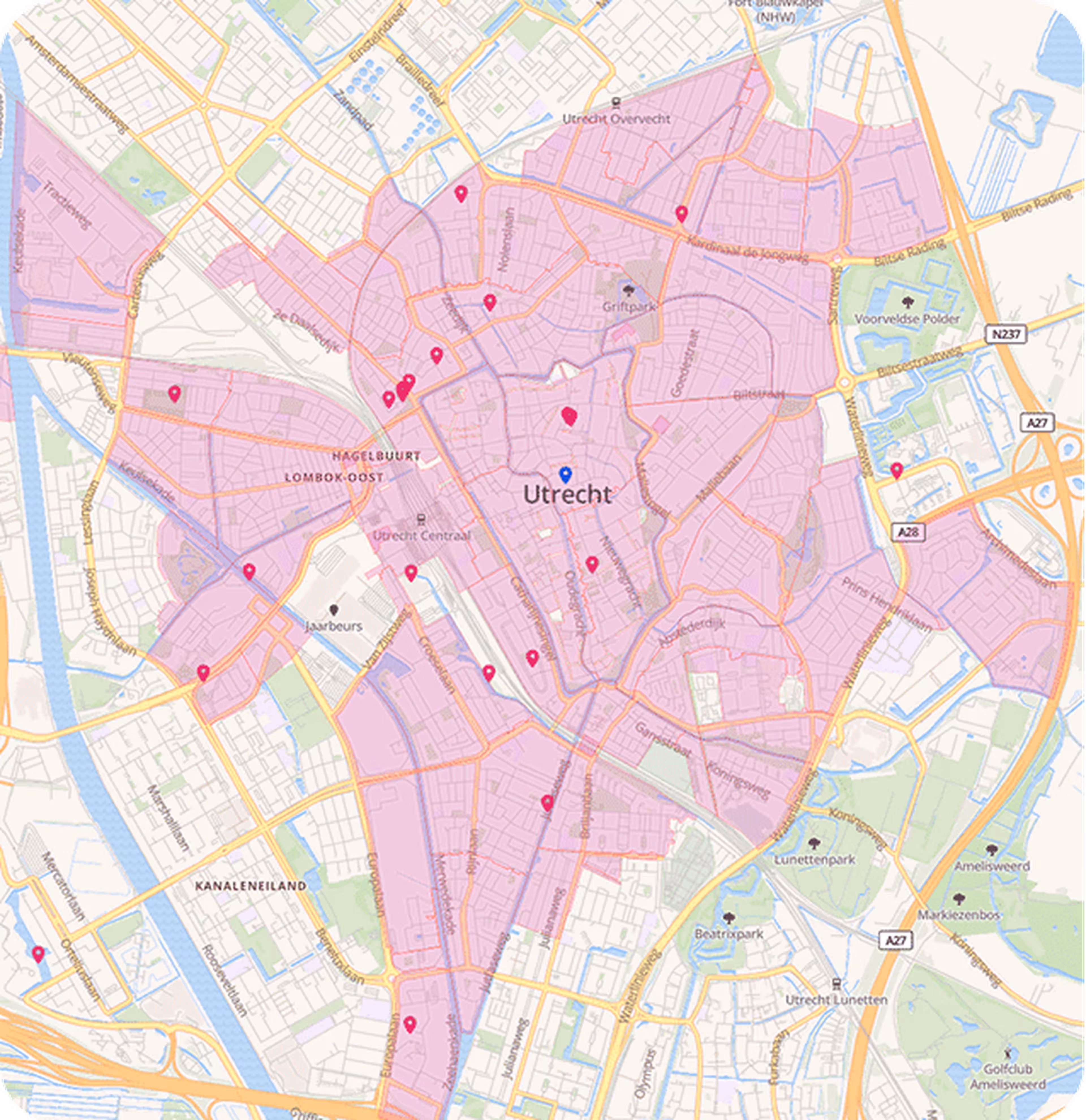 Map overview of EasyPark parking areas in Utrecht