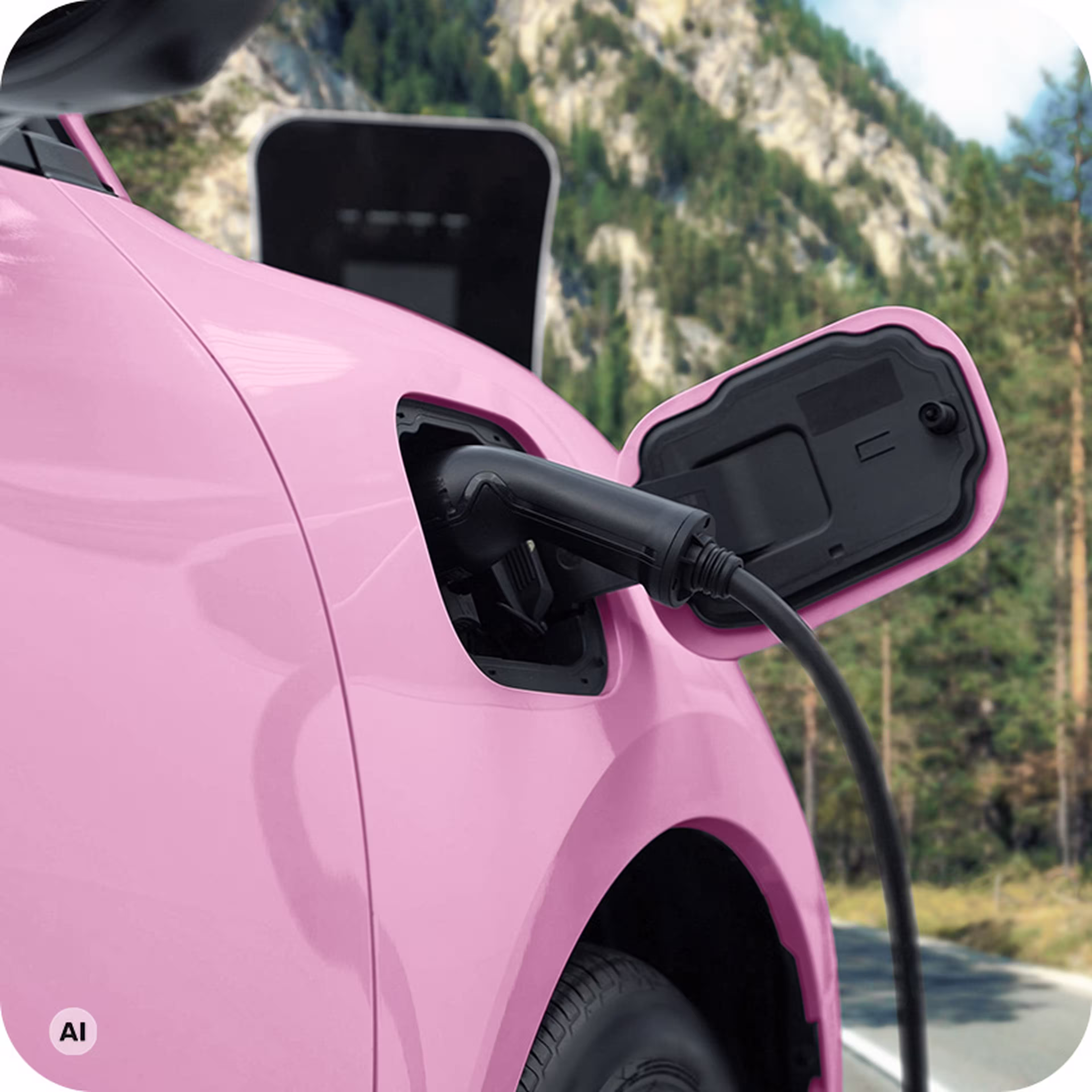 A pink electric car is charging at a station, set against a backdrop of trees and mountains. Ai generated