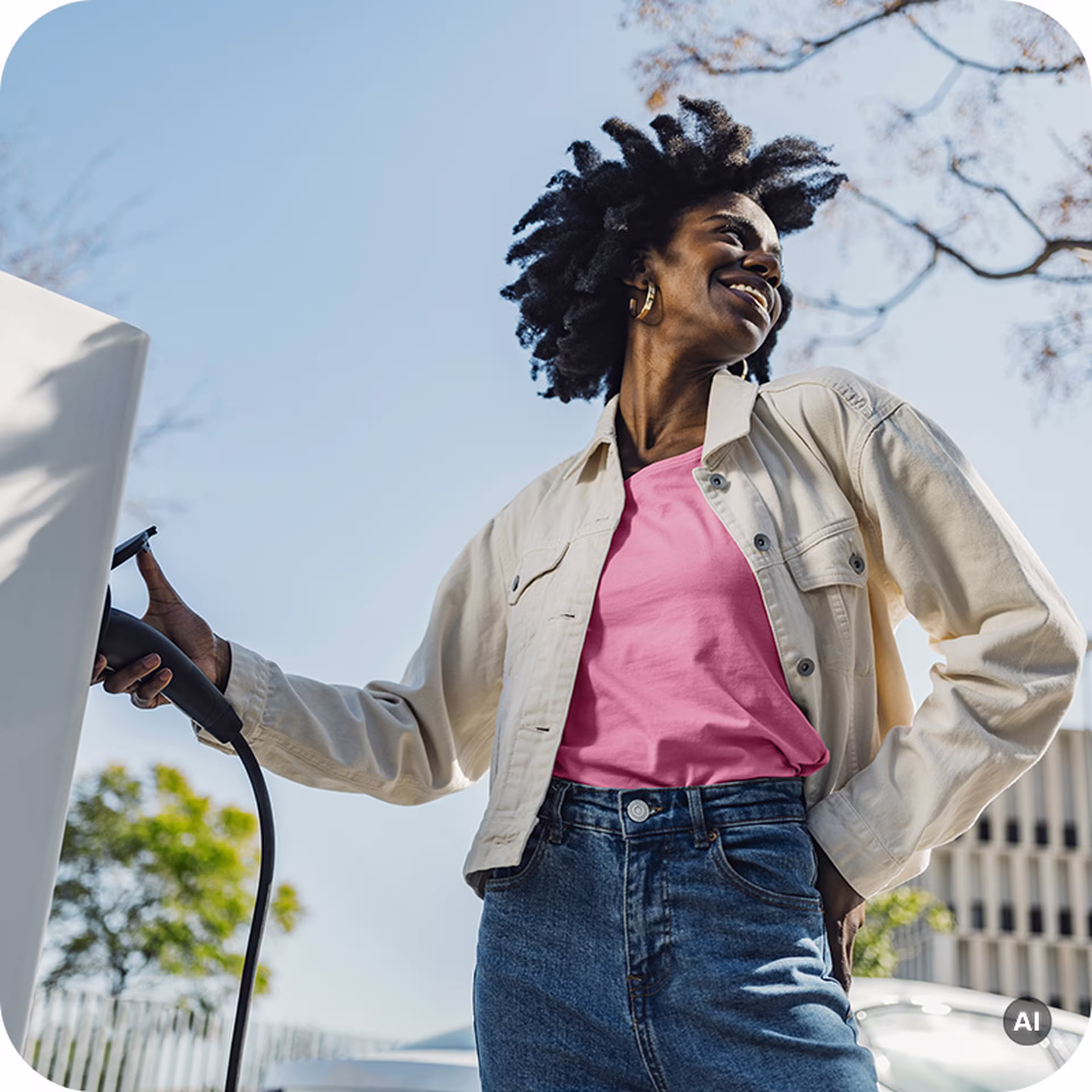 Person smiling while holding an electric vehicle charger, wearing a beige jacket and pink shirt, with a clear blue sky in the background. AI generated