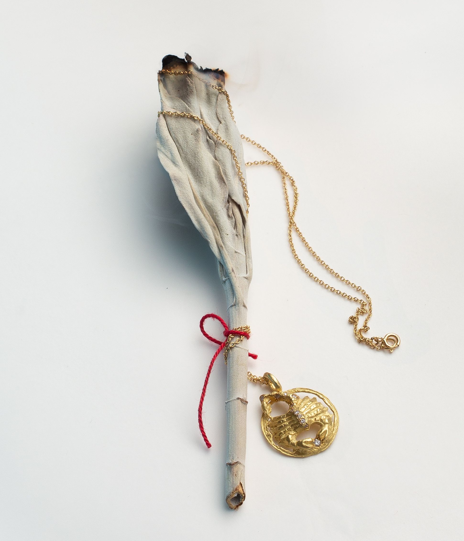 Collier en or avec pendentif rond sculpté, posé sur un bâton de sauge blanche partiellement brûlé et attaché par un fil rouge, sur fond blanc.