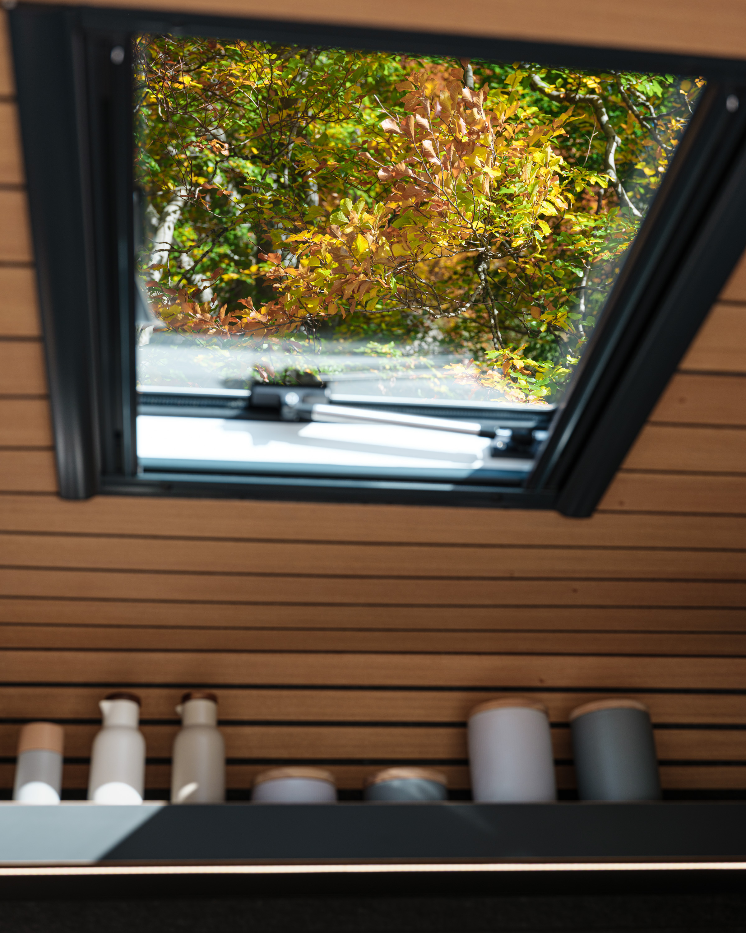 Grosses Dachfenster von Outbound aus Echtglas mit Durchsicht zu Herbstblätter. Vorratsregal vollständig ausgestattet. Decke aus Eichenholz furniert und schwarzen Schattenfugen