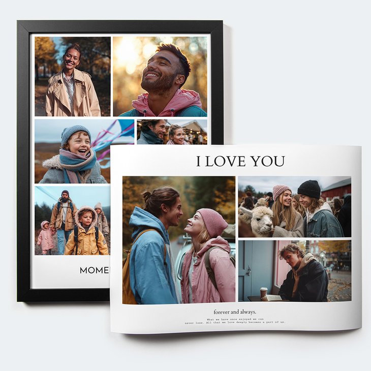 Zwei Fotocollagen im Vergleich: schwarz gerahmtes Poster 'Moments' und rahmenlose Leinwand 'I Love You'