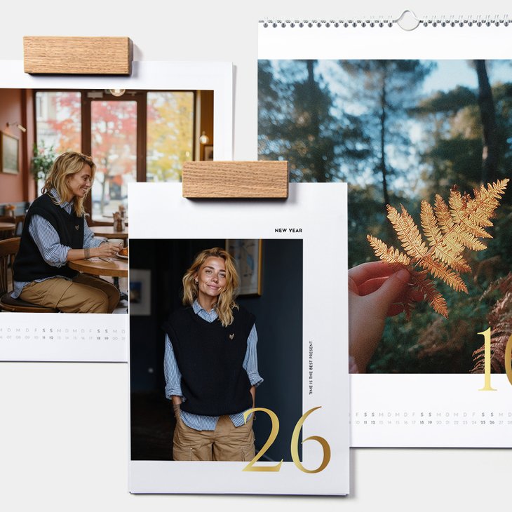 Drei Wandkalender-Blätter mit goldener Jahreszahl und goldenem Farnblatt als Veredelung neben Porträtfotos einer Frau