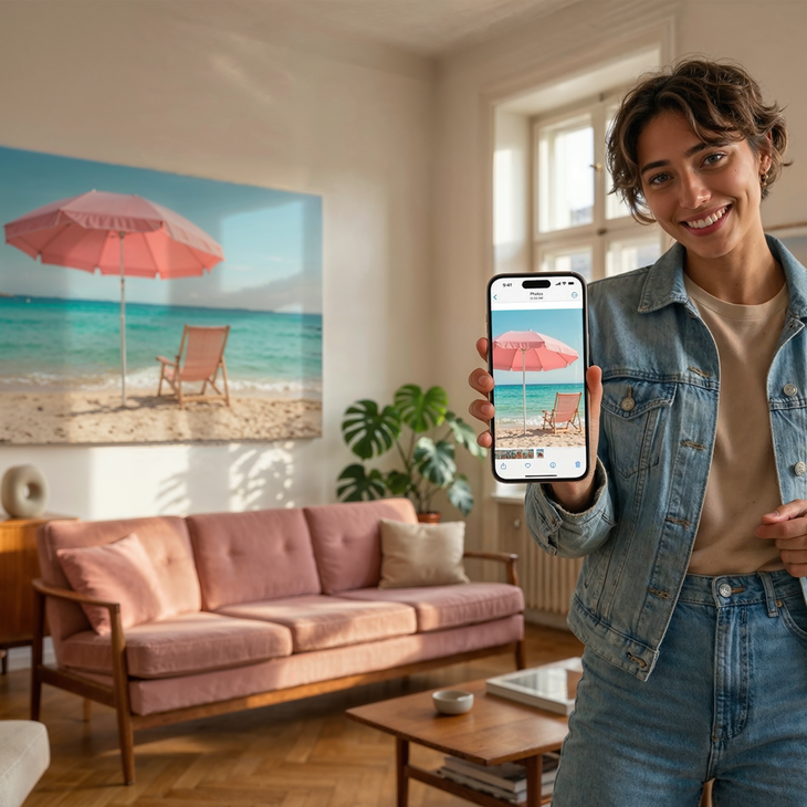 Lächelnde Frau zeigt ein Strandfoto auf ihrem Smartphone, im Hintergrund hängt dasselbe Motiv als Wandbild