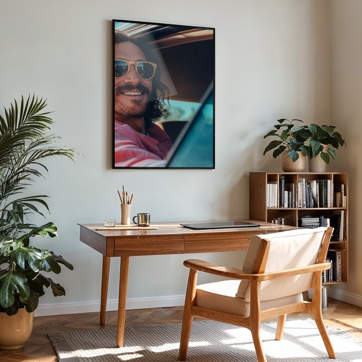 Hochformatiges Acrylglasbild eines lächelnden Mannes mit Sonnenbrille hängt im Homeoffice über einem Holzschreibtisch
