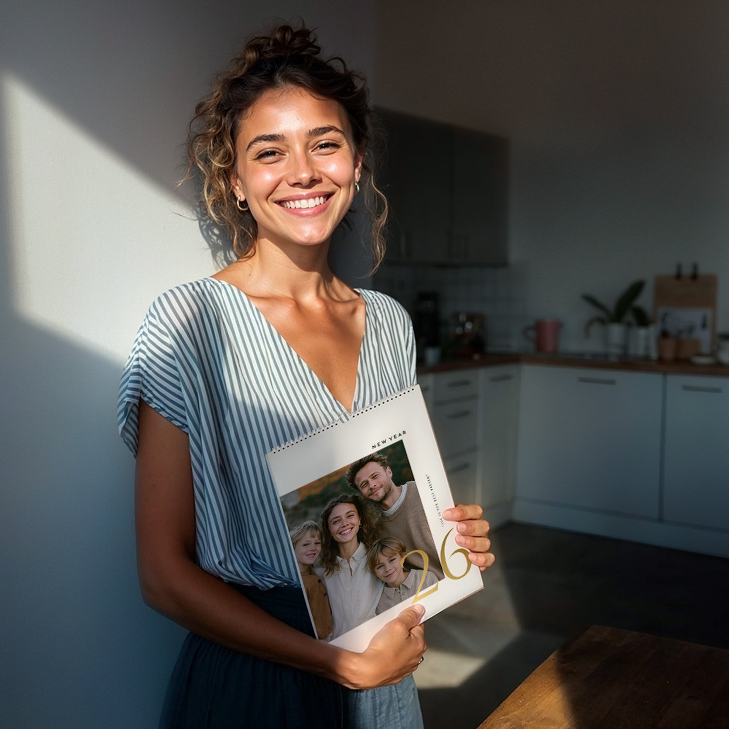 Lächelnde Frau in gestreifter Bluse hält in ihrer Küche einen Kalender mit Familienfoto und goldener Jahreszahl