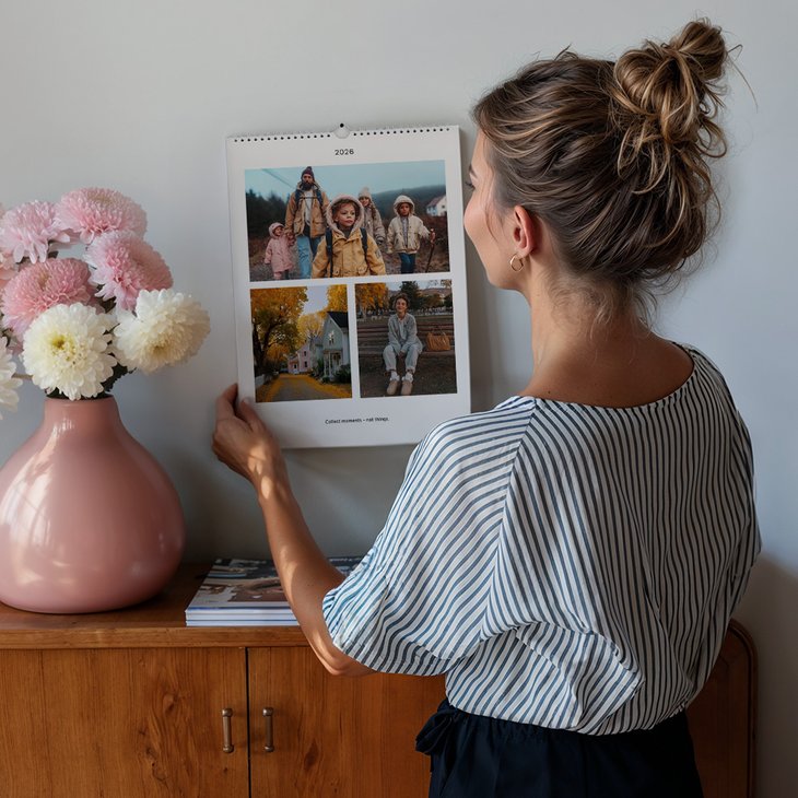 Frau mit Dutt hängt einen Wandkalender mit drei Familienfotos an eine helle Wand über einer Holzkommode mit Blumenvase