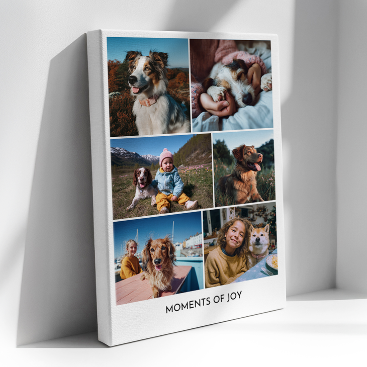 Leinwand-Fotocollage 'Moments of Joy' mit klarem Layout aus fünf Bildfeldern in unterschiedlicher Größe, zeigt Kinder mit Hunden