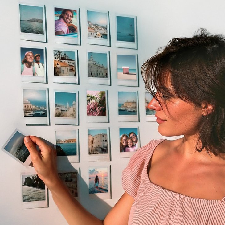 Frau klebt quadratische Fotoabzüge mit Urlaubsmotiven als Fotowand-Raster an eine weiße Wand