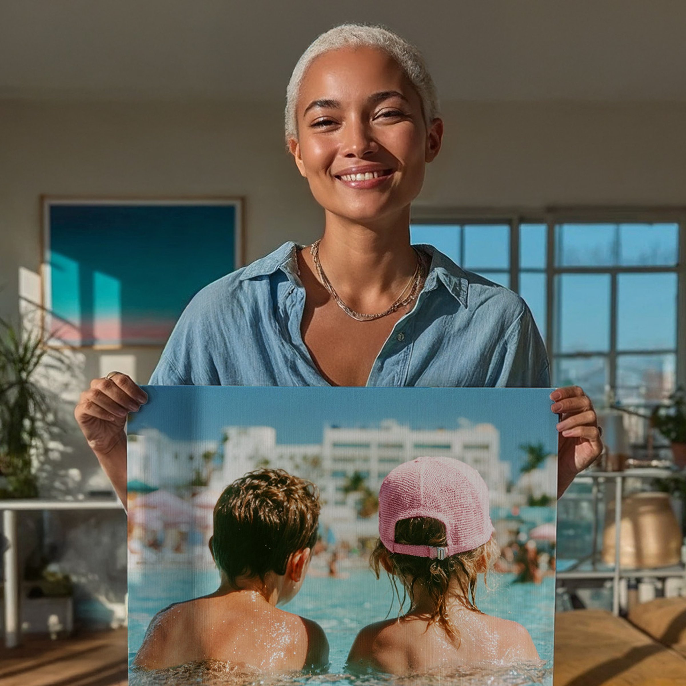 Lächelnde Frau hält einen Leinwanddruck im Querformat mit Pool-Urlaubsmotiv in einem hellen Loft