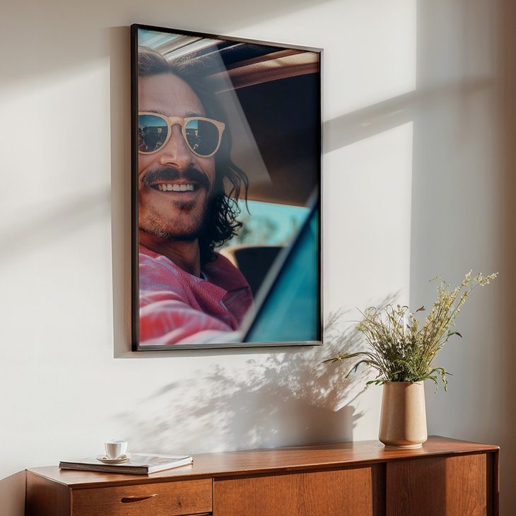 Hochformatiges Acrylglasbild eines lächelnden Mannes mit Sonnenbrille hängt mit Wandabstand über einer Holzkommode
