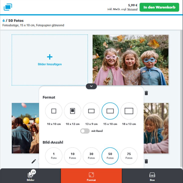 MYPOSTER-Konfigurator für Fotoabzüge mit geöffneter Formatauswahl und Kinderfotos als Motiv