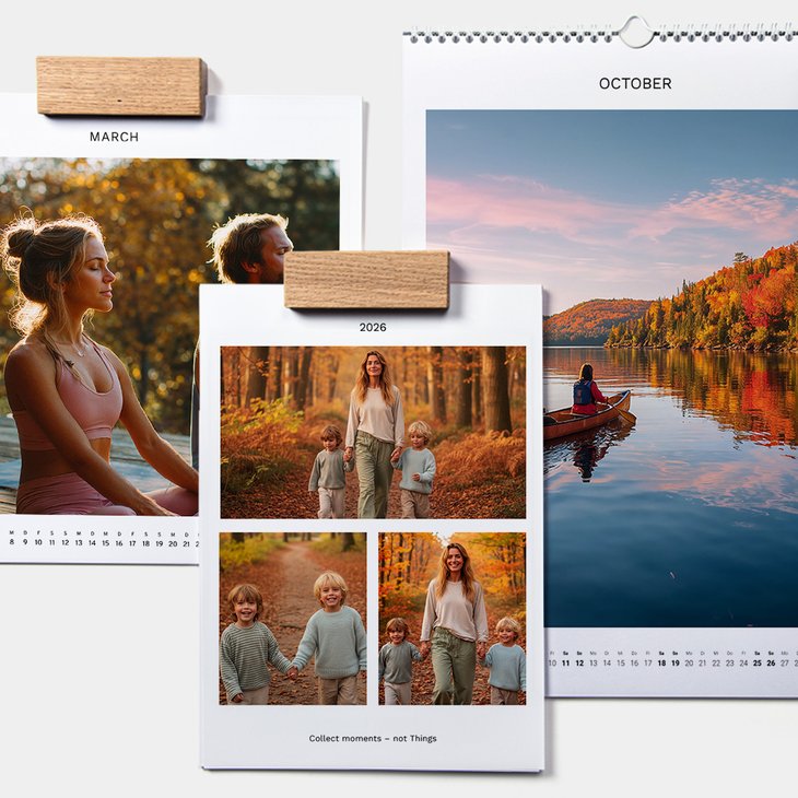 Drei Wandkalender mit Holzblock: Herbstwald mit Yoga, Collage von Mutter mit zwei Kindern und Kanu auf einem See