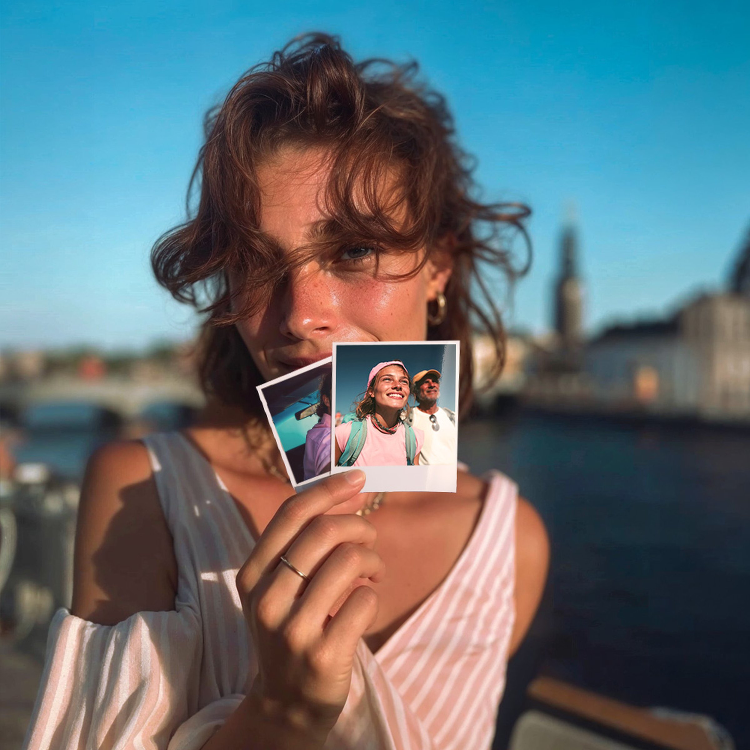 Frau hält zwei kleine Retro-Fotoabzüge mit Urlaubsmotiven in die Kamera, Stadtpanorama im Hintergrund