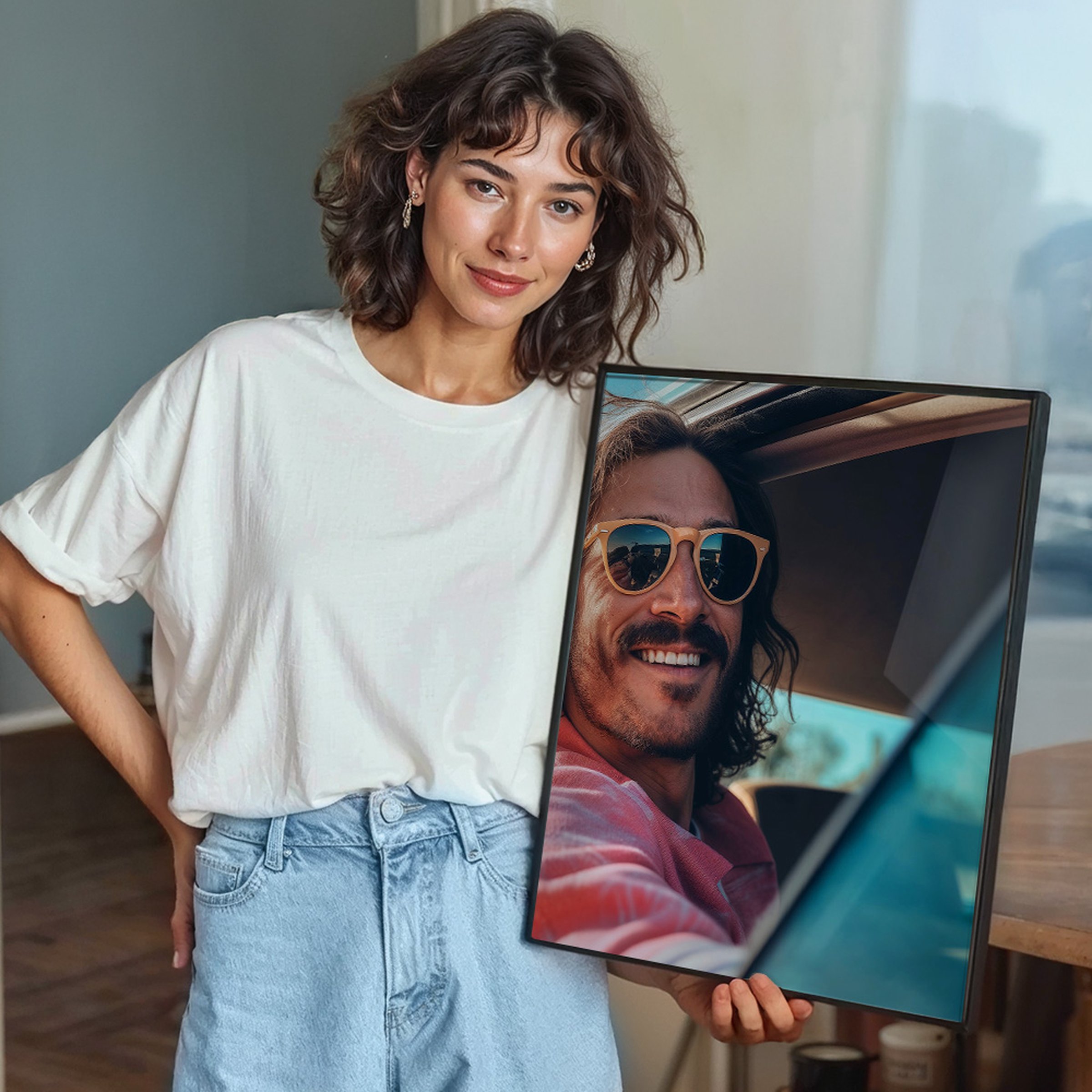 Frau hält ein gerahmtes Acrylglasbild eines lächelnden Mannes mit Sonnenbrille in der Hand