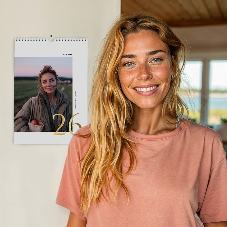 Lächelnde Frau im rosa T-Shirt vor heller Wand, neben ihr hängt ein Hochformat-Wandkalender mit Porträtfoto und goldener Jahreszahl