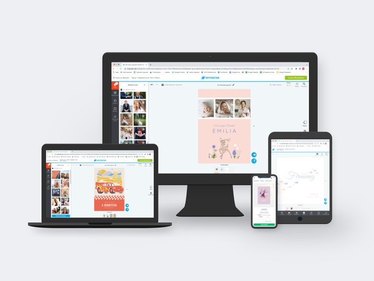 Ein Computer-Bildschirm, ein Laptop, ein Tablet und ein Smartphone zeigen eine Website mit verschiedenen Disney-Designvorlagen auf weißem Hintergrund.