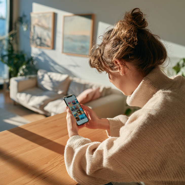 Frau wählt Fotos auf ihrem Smartphone aus, im Hintergrund ein sonniges Wohnzimmer mit gerahmten Bildern