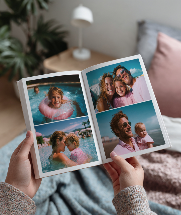 Hände halten ein aufgeschlagenes Fotobuch mit Familienfotos vom Sommerurlaub am Pool und Strand