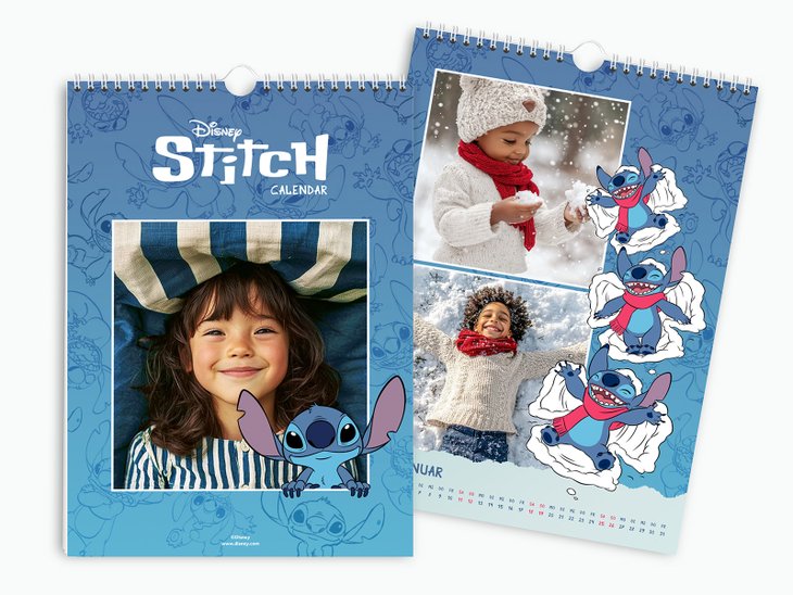 Zwei Disney-Stitch-Wandkalender: Titelblatt mit Mädchenfoto und Stitch, Januarblatt mit Kinderfotos im Schnee
