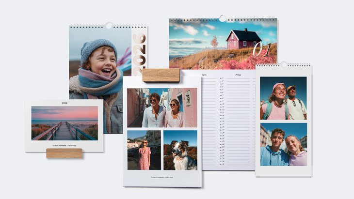 Fotokalender-Auswahl mit Wand- und Familienplanern sowie Tischkalender: Fotos von lachendem Kind, Paar, Hund und Holzsteg am Meer