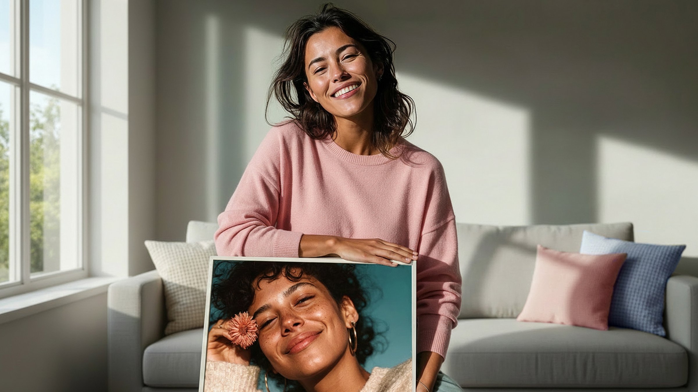 Lächelnde Frau hält einen fertigen Posterdruck mit Porträtmotiv in den Händen in einem hellen Wohnzimmer