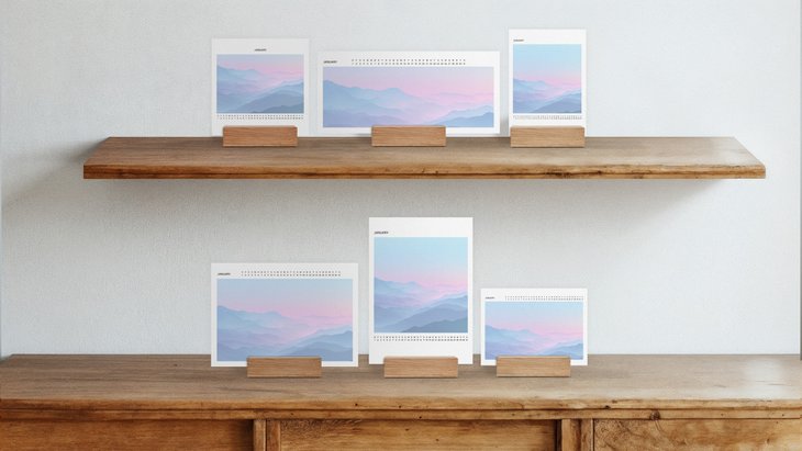 Sechs Tischkalender mit Holzfuß in Hoch-, Quer- und Panoramaformat mit Bergmotiv auf zwei Regalböden