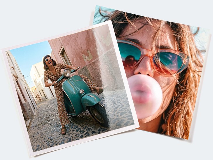 Zwei übereinanderliegende Fotoabzüge mit Urlaubsmotiven: Frau mit Vespa in einer Gasse und Selfie mit Sonnenbrille