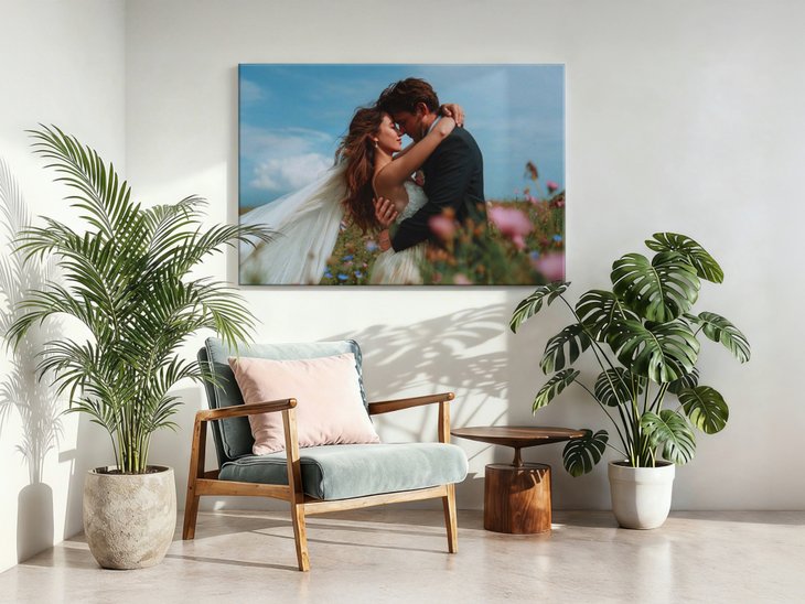 Fotoleinwand mit Hochzeitspaar vor blauem Himmel als Querformat-Wandbild über einer Sitzecke mit Sessel und Zimmerpflanzen