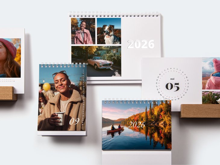 Fünf Tischkalender mit verschiedenen Designs, Layouts und Spiral- oder Holzblock-Aufstller zeigen Portraits oder Landschaftsaufnahmen im Herbst-Look