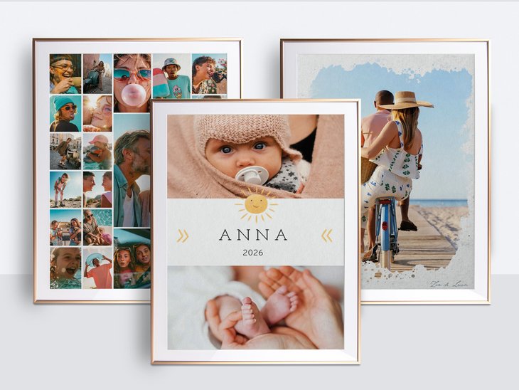 Drei gerahmte Fotocollagen in unterschiedlichen Design-Vorlagen: Raster-Layout, Baby-Vorlage 'Anna 2026' und Reise-Collage mit Aquarell-Rand