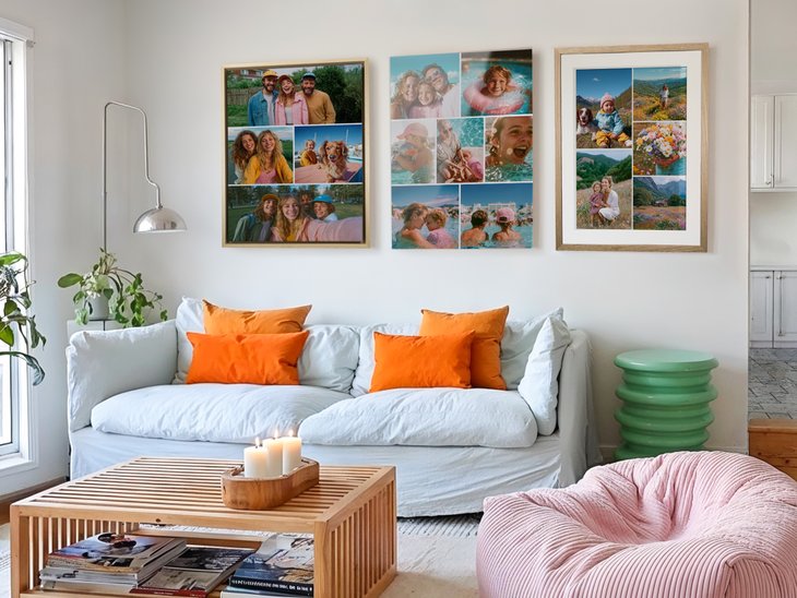 Wohnzimmer mit drei gerahmten Fotocollagen aus unterschiedlichen Materialien über einem hellen Sofa