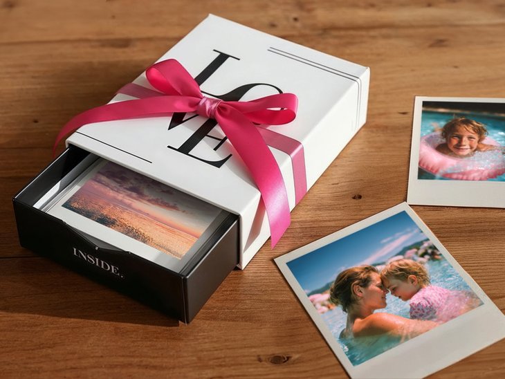 MYPOSTER-Fotobox mit rosa Schleife und Fotoabzügen auf einem Holztisch, daneben zwei Retro-Abzüge mit Kindermotiven