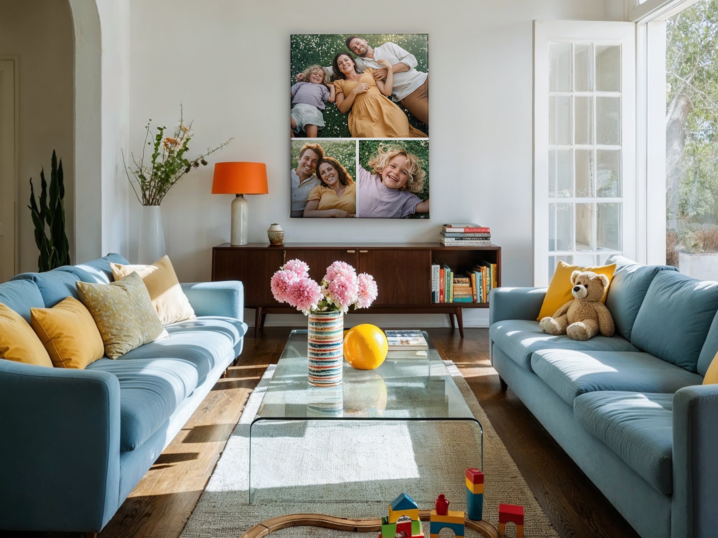 Wohnzimmer mit zwei hellblauen Sofas und einem großformatigen Fotocollage-Poster mit Familienfotos über dem Sideboard