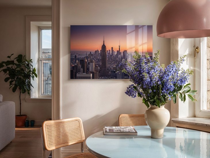 Querformatiges Acrylglasbild einer New Yorker Skyline bei Sonnenuntergang hängt in einem hellen Esszimmer