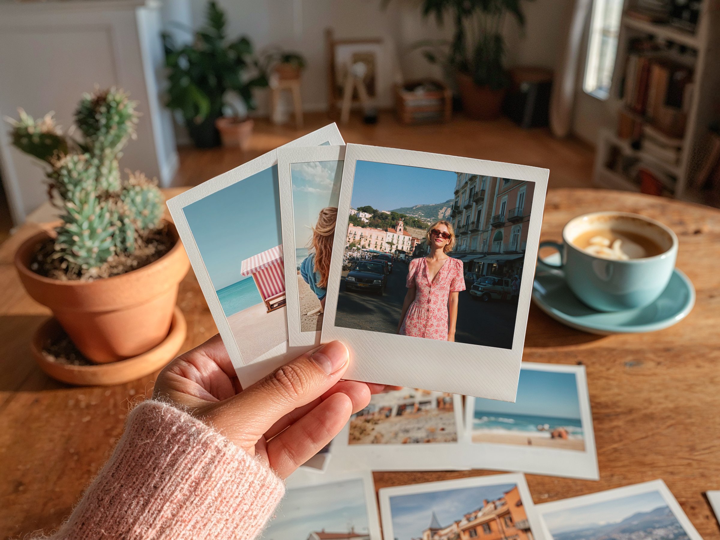 Hand hält drei Fotoabzüge mit Urlaubs- und Porträtmotiven über einem Holztisch mit weiteren Abzügen und einer Kaffeetasse