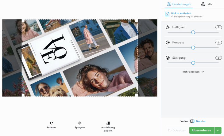 MYPOSTER-Konfigurator mit Bearbeitungswerkzeugen für Fotoabzüge: Helligkeit, Kontrast, Sättigung und Bildoptimierung