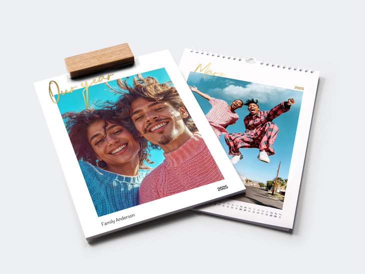 Zwei farbenfrohe Fotokalender, einer im Holzblock und der andere mit weißer Spiralbindung.