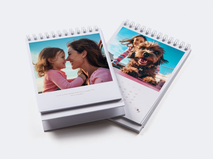 Zwei spiralgebundene Tischkalender mit verschiedenen Designs. Einer zeigt eine lächelnde Frau mit Kind, der andere einen kleinen Hund.