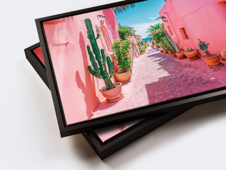 Acrylglasbild einer rosa Gasse mit Kakteen im schwarzen Schattenfugenrahmen mit sichtbarer Fuge