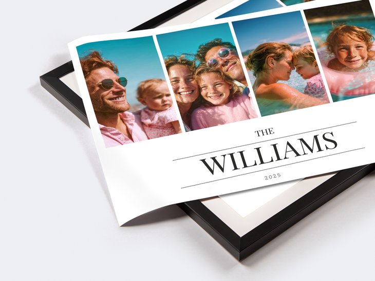 Fotocollage 'The Williams' mit vier gleich großen Familienfotos im klaren Raster und großem Titel