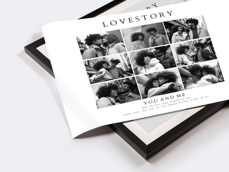 Schwarz-weiße Fotocollage 'Lovestory' mit neun ruhig angeordneten Quadratbildern eines Paares