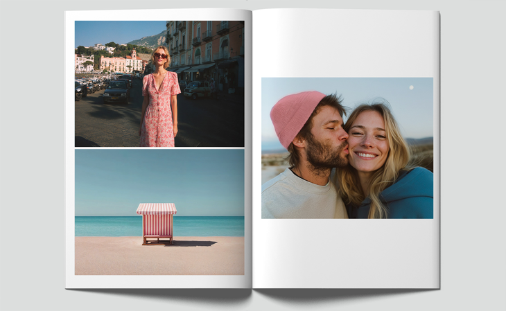 Aufgeschlagenes Fotobuch mit Urlaubsfotos: eine Frau in einer italienischen Küstenstadt, ein Strandkorb am Meer und ein sich küssendes Paar